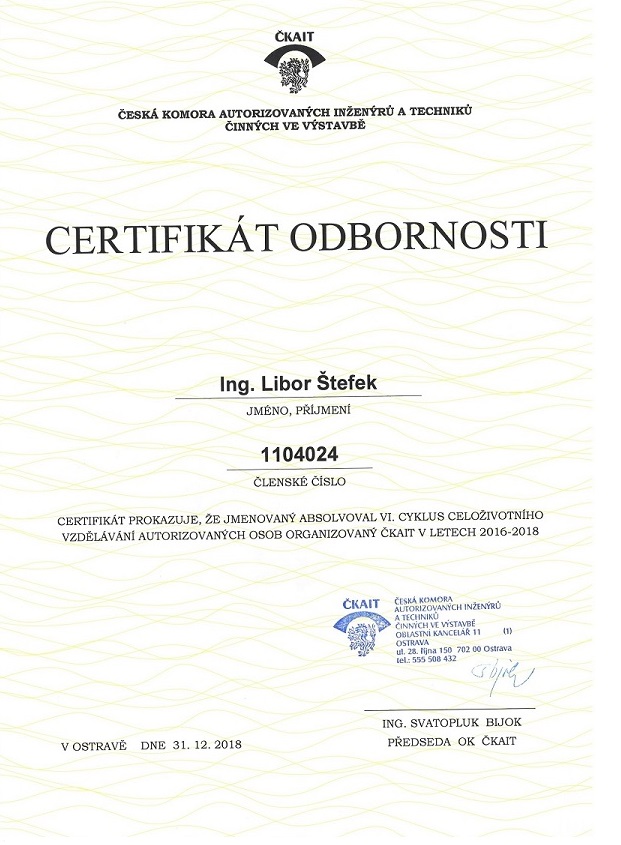 Certifikát odbornosti ČKAIT Štefek